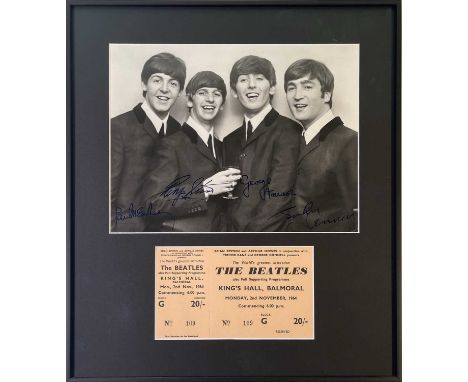 A mounted, framed and glazed display to include an original ticket stub for The Beatles at King's Hall, Balmoral, Belfast on 