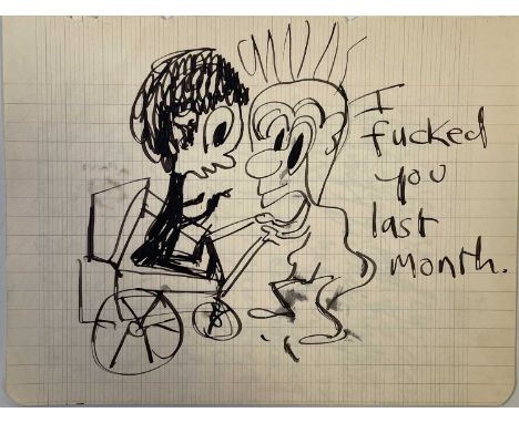 Four pages from a notebook, first page containing sketch of a baby in a pram with text "I fucked you last month", second page