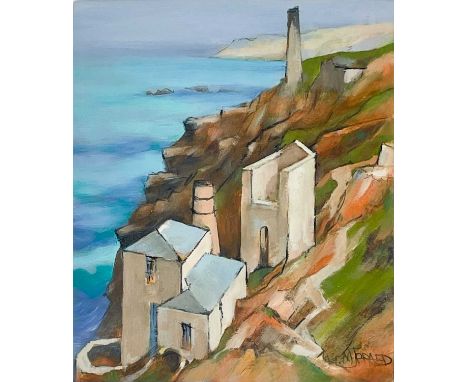Michael J. PRAED (1941) Levant Engine Houses, Mine Beneath The Sea  Oil on board, signed, further signed and inscribed to ver