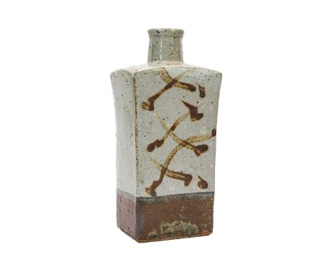 William 'Bill' MARSHALL (1923-2007) Slab-built bottle vase with square shoulders  Speckled grey glaze and iron brushwork, hei