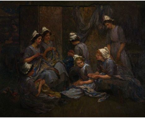 William Holt Yates TITCOMB (1859-1930) Mending Day - The Little Blue Maids of Bristol (RA 1917)  Oil on canvas, signed, 90x11