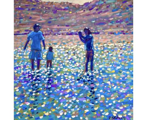 Paul STEPHENS (1957) First Time In The Sea  Oil on board, signed, further signed and inscribed to verso, 37 x 37cm. 43.5 x 43