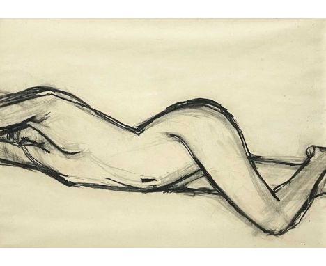 Karl WESCHKE (1925-2005) Sprawling Figure  Charcoal on paper, studio stamp to verso, 54 x 75cm, 57 x 78cm framed.Light foxing