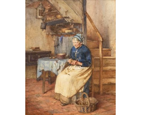 Walter LANGLEY  (1852-1922) The Potato Peeler  Watercolour, signed, 35 x 27cm, 47 x 40cm framed.