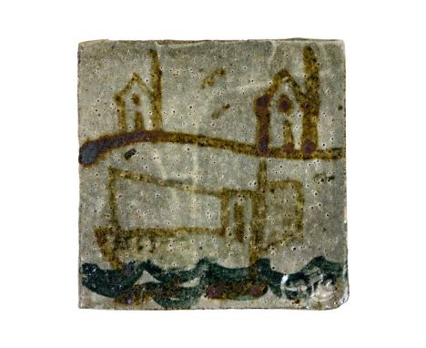 Trevor CORSER (1938-2015)  A stoneware tile decorated with a fishing boat and engine houses, impressed to front and back with