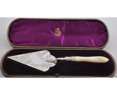 A Victorian silver trowel with mother of pearl handle, hallmarked Birmingham1886 by Frederick Elkington