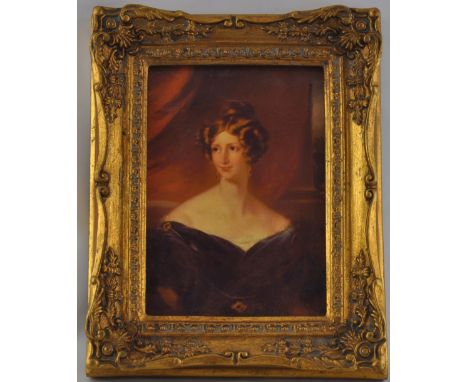 A painting on ceramic of a young lady. In gilt frame.