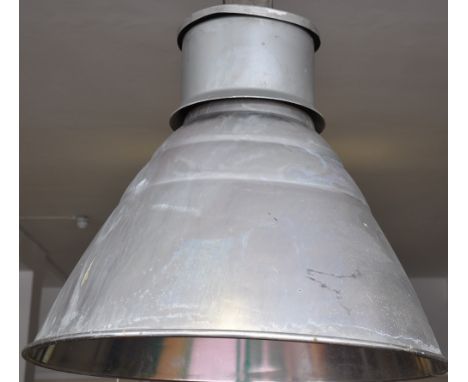 A large industrial style aluminium ceiling light, with conical shade, h:60cm