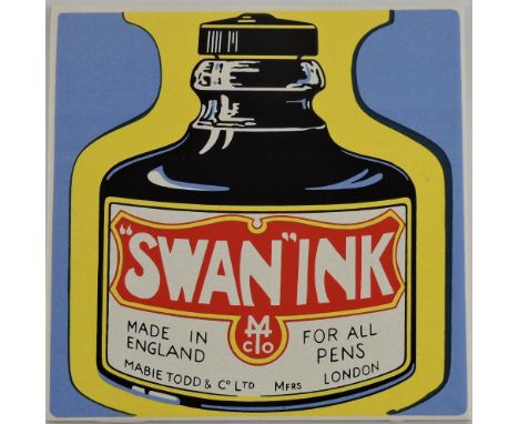 A Pilkington decorative ceramic tile, bearing a brightly-coloured advertising image of a Swan Ink bottle