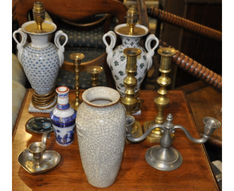 A pair of Victorian cast brass candlesticks, two ceramic tablelamps, a crackle glazed vase assorted metalware etc