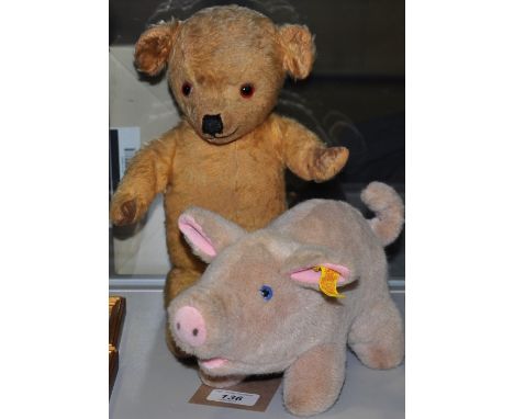 A Steiff plush pig, together with a vintage teddy bear