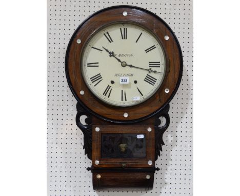 A Rosewood & Mother Of Pearl Encased Pendulum Wall Clock, With Circular Dial, Signed W. Martin, Wrexham                      