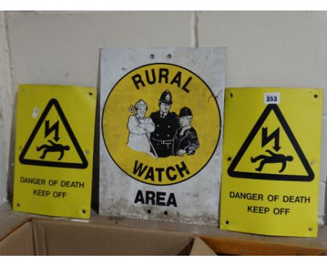 A Tin Plate & Enamel Neighbourhood Watch Sign Together With Two Electric Pylon Signs                                         