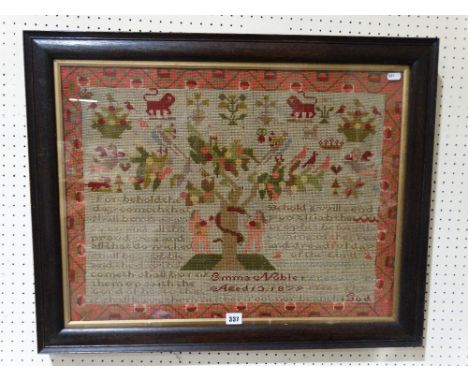 A 19th Century Woolwork Pictorial Sampler, By Emma Noble, Aged 13, 1879 