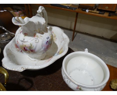An Edwardian Floral Transfer Decorated Pottery Wash Jug, Basin & Chamber Pot Set