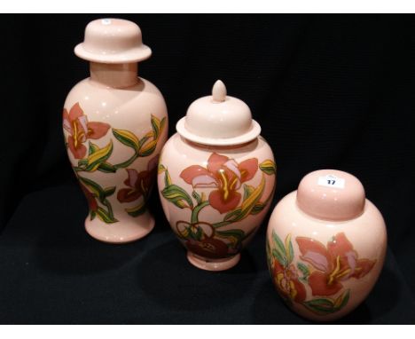 A Group Of Three Carltonware Pink Ground & Floral Decorated Lidded Vases        