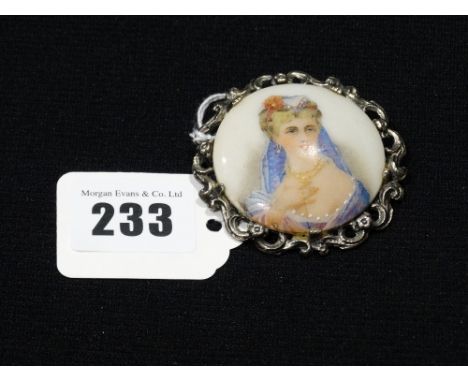 A Limoges Porcelain Portrait Tablet Within A White Metal Frame                  