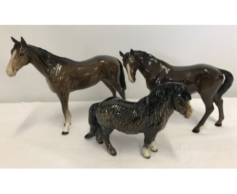 3 Beswick brown gloss ceramic horse figurines. Woolly Shetland Mare #1033 circa 1968, standing stallion #1772 and head down f