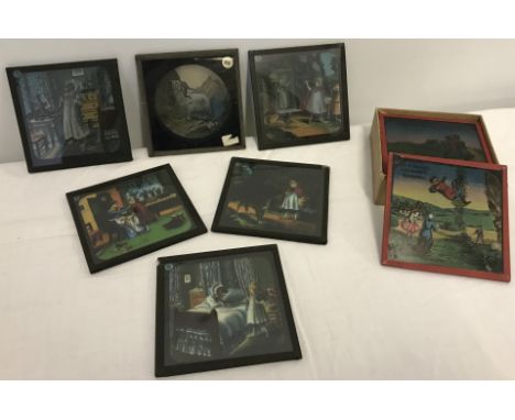 A boxed full set of Jack And The Beanstalk coloured lantern slides. Together with a unboxed half set of Little Red Ridding Ho