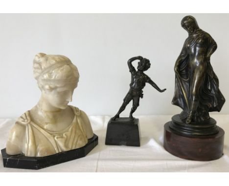 3 vintage figurines mounted on marble bases. A small bronze figurine of a boy, signed to base, together with a metal figure o