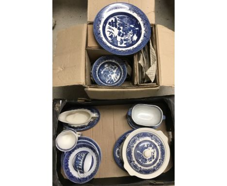 2 boxes of assorted Willow pattern ceramics. To include Churchill cups and saucers, sauce boats and lidded tureen. 