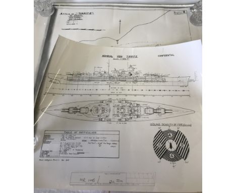 2 laminated posters relating to Tirpitz taken from Confidential Public Records. A cross sectional diagram of Admiral Von Tirp