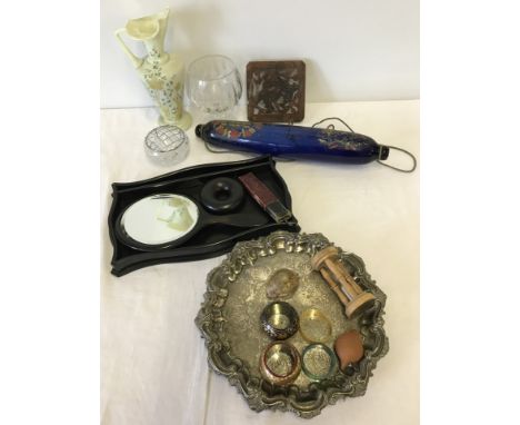 A box of assorted misc items to include antique blue glass "Sailors gift" rolling pin, ebony part dressing table set and Wilk