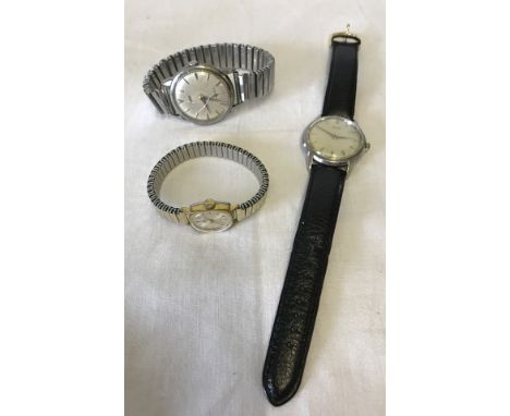 2 mens vintage Tissot watches together with a ladies Bucherer expanding strap watch. Tissot watches both have replacement str