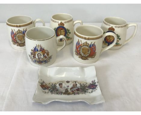 A collection of vintage commemorative ceramic items. Comprising 5 x 1930's commemorative mugs and a 1902 King Edward VII pin 