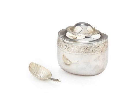Of oval form, with bright cut decoration in the late 18th-century style; together with a caddy spoon, TL Sheffield 1810, the 