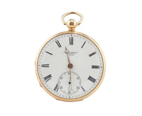 With engine turned outer case, white enamel dial, Roman numerals in black, subsidiary seconds at 6, three quarter plate key w