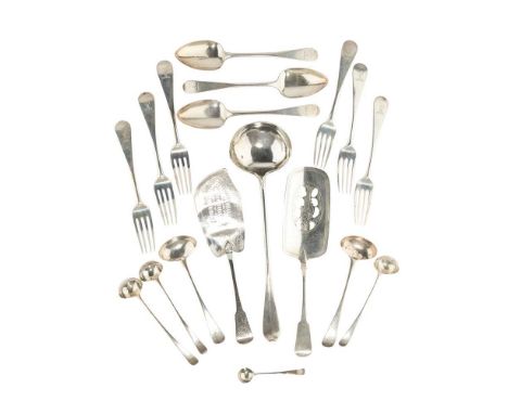 With various crests, to include: three tablespoons, six tableforks, six dessert spoons, a matched set of nine Old English des