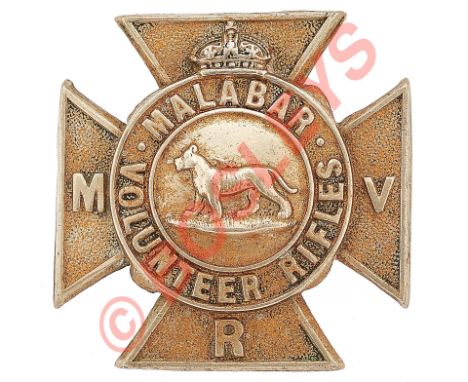 Indian Army. Malabar Volunteer Rifles Victorian head-dress badge.A good die-stamped white metal British made example. On a Ma