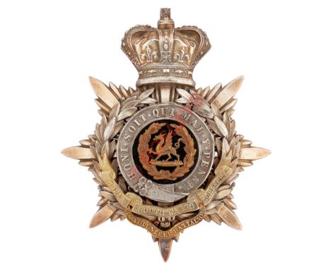 Welsh. 4th (Pontypool) VB South Wales Borderers Victorian Officer's helmet plate circa 1885-1901.A good scarce silvered examp