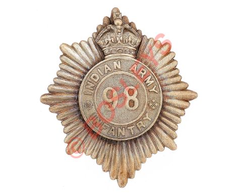 Indian Army. 98th Infantry Officer's helmet plate circa 1903-22.A very fine and scarce nickel silver example. Mounted on an e