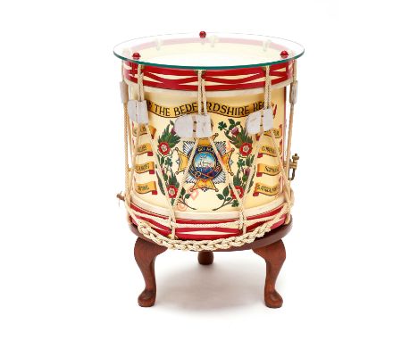 Bedfordshire Regiment side drum table.A fine attractive rope tensioned example hand emblazoned by C.A. Collins post war, with