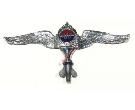 Royal Air Force Car Mascot Badge.A scarce chrome example, depicting a RAF Pair of wings, with enamel decoration to the centre