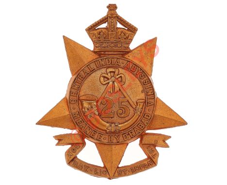 Indian Army. 25th Bombay Light Infantry pre 1903 helmet badge.A fine and scarce die-stamped British made brass example. Crown