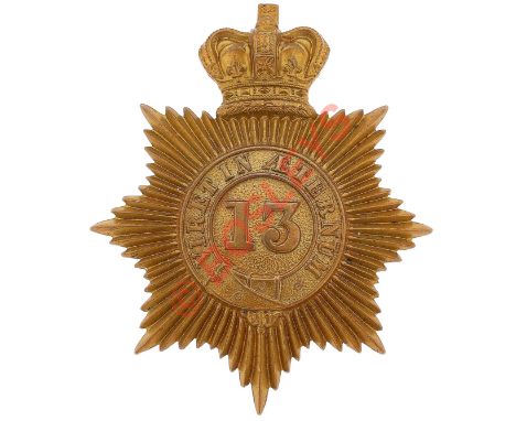 13th Hussars Victorian undress sabretache ornament  pouch badge.A scarce die-stamped brass example. Crowned star bearing stra