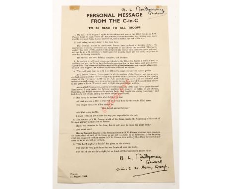 21st August 1944 Monty's Personal Message to His Troops Signed Leaflet.This leaflet informs all troops that we must "Write Of