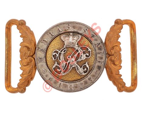 Indian Army. Madras Staff Corps Victorian Officer's waist belt clasp.A scarce silvered and gilt example with matching numbers