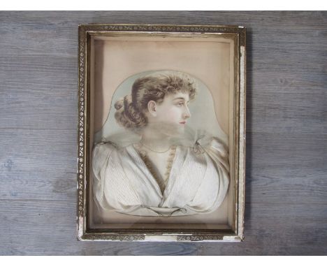 A Victorian diorama portrait of Lady with hair tied back flowing silk dress, 56cm x 43cm 