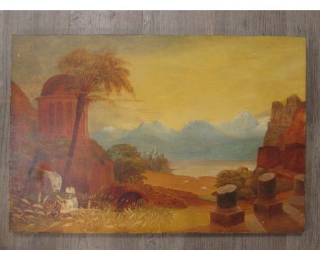 A 19th Century unframed oil on canvas depicting Architectural Cappriccio unsigned work, 51cm x 76cm 