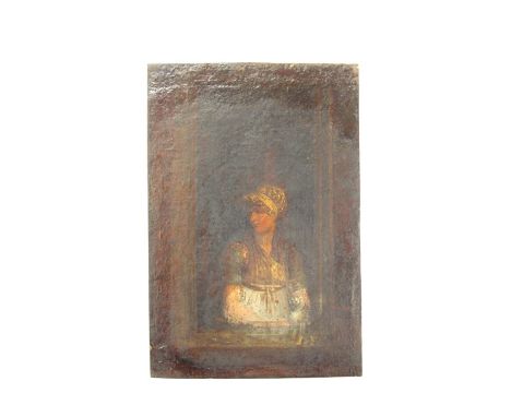 An Early 19th Century oil on oak panel of a young woman with lace bonnet. Unframed and Unsigned. Wax seal verso 24.5cm x 16.5