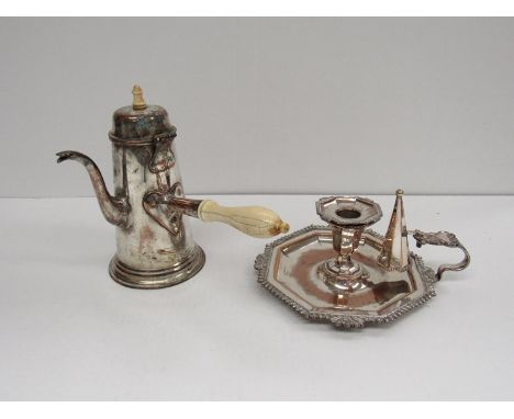 A 19th Century plated on copper chamber stick with solder-filled rim. Together with removable drip pan and extinguisher. An e