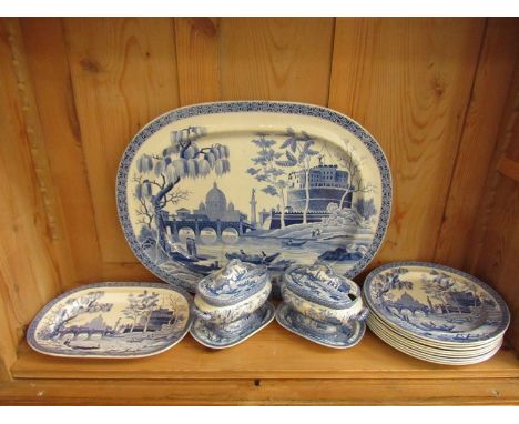 A 19th Century Spode blue and white transfer printed "Rome" or "Tiber" pattern part table service (23 including lids) (slight