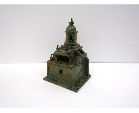 A Studio pottery Eastern Architectural form sculpture with mottled glazed extrior, 23cm x 14cm x 15cm