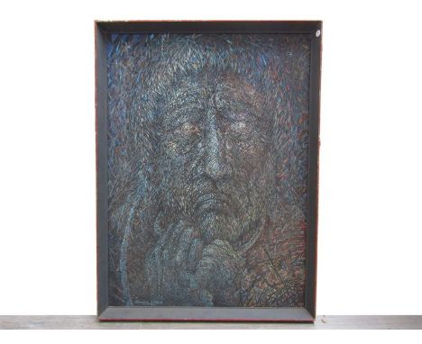 EDWARD J.  FORD (XX)   A framed acrylic on board, portrait of lined detail depicting a man.  Signed bottom left and dated Sep