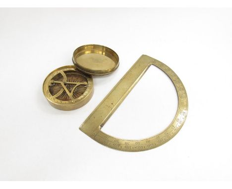 A brass pocket compass with folding gnomon and printed paper scale. A 19th Century brass protractor (2)