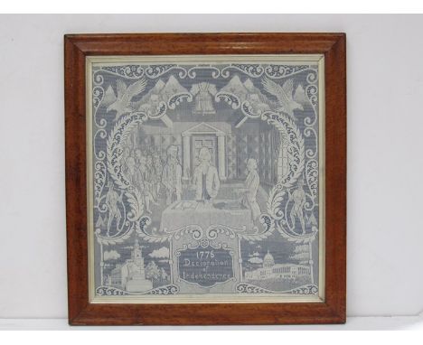 A machine woven lacework panel depicting the 1776 Declaration of Independence. Set in a birds eye maple frame, 50cm x47cm